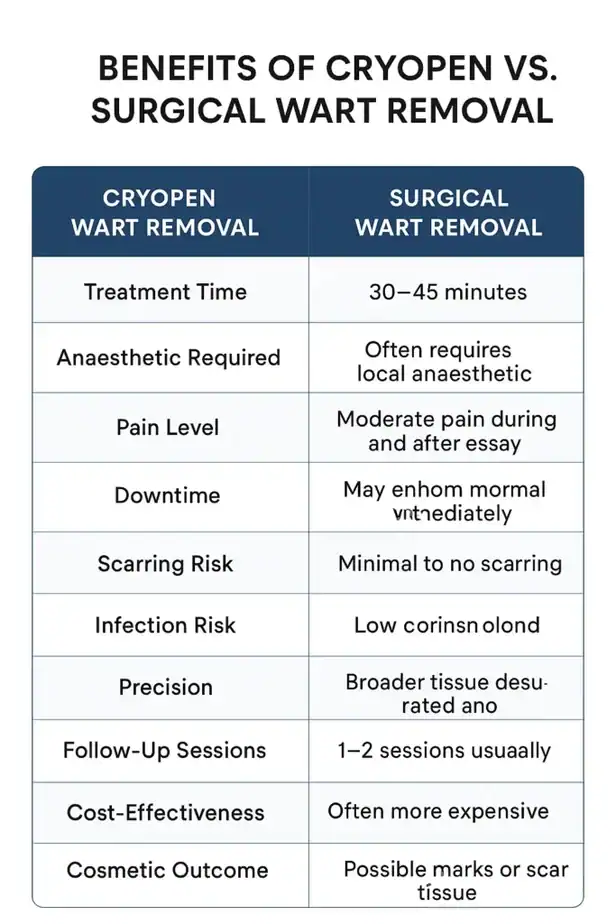 Table showing the benefits of cryopen to remove warts Isle of Isla compared to surgical treatment